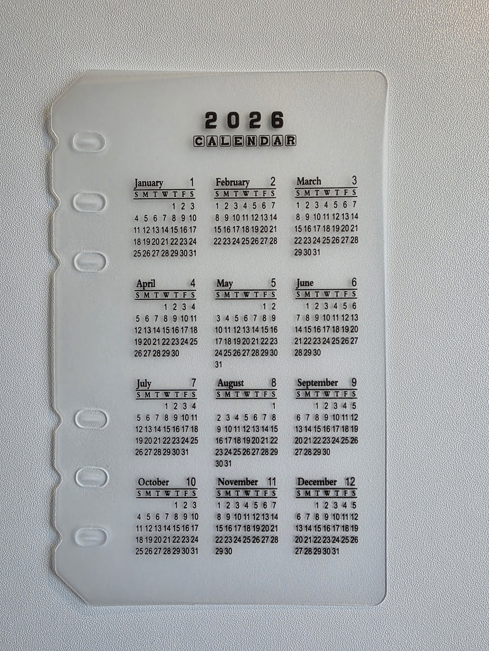 A6 Year At A Glance 2026 Clear Planner Calendar Insert - White